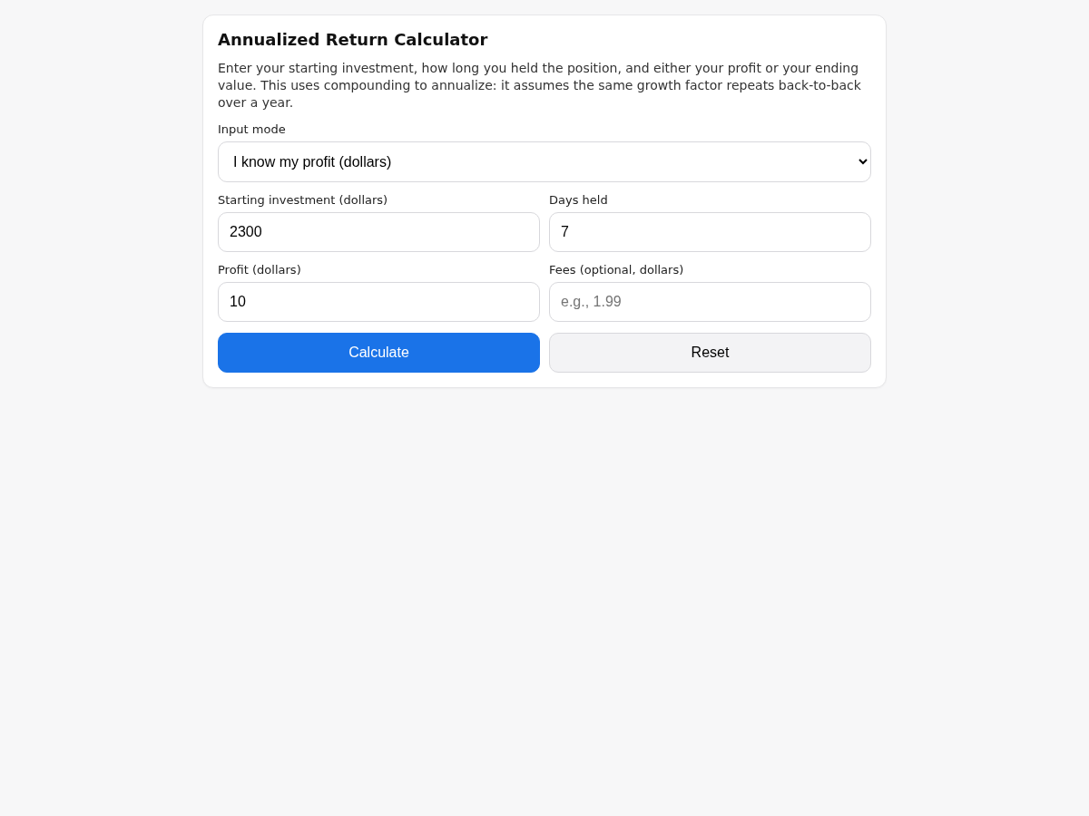 Return Calculator screenshot